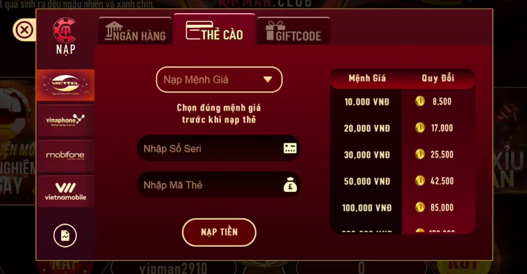 Nạp tiền thẻ cào an toàn tiện lợi bảo mật.